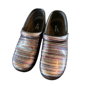 Dansko Professional Clogs Women 40 Multi Color Striped Patent Leather Slip On